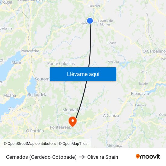 Cernados (Cerdedo-Cotobade) to Oliveira Spain map