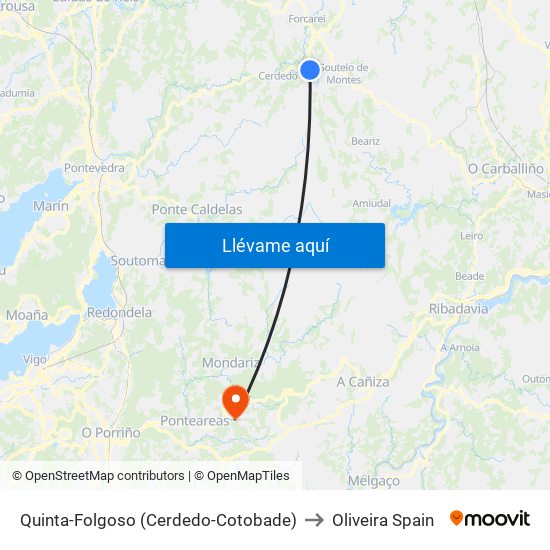Quinta-Folgoso (Cerdedo-Cotobade) to Oliveira Spain map