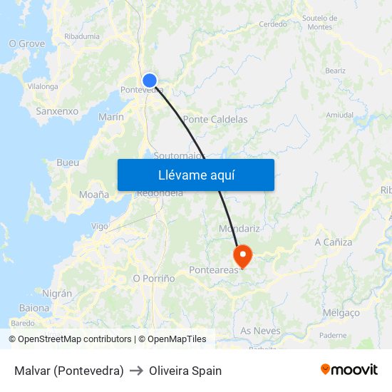 Malvar (Pontevedra) to Oliveira Spain map