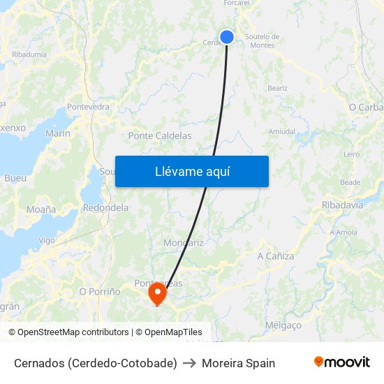 Cernados (Cerdedo-Cotobade) to Moreira Spain map
