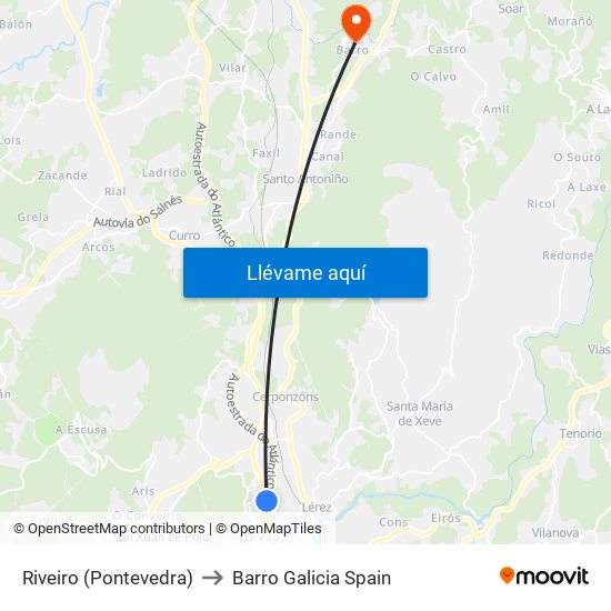Riveiro (Pontevedra) to Barro Galicia Spain map