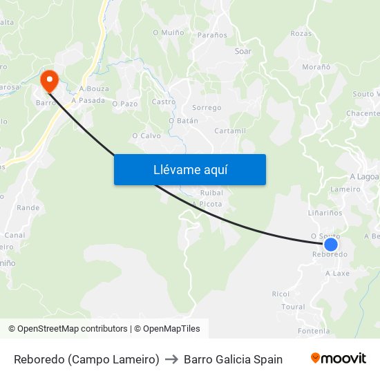 Reboredo (Campo Lameiro) to Barro Galicia Spain map