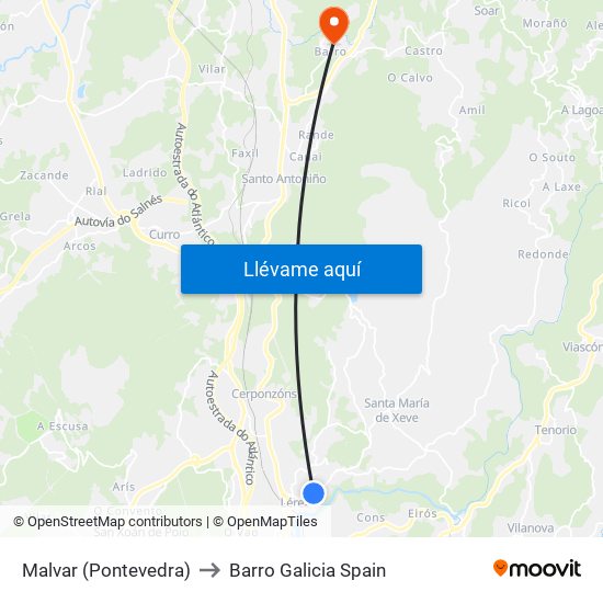 Malvar (Pontevedra) to Barro Galicia Spain map