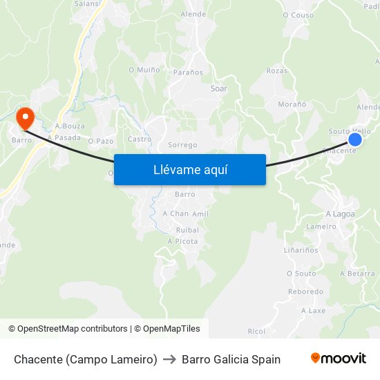 Chacente (Campo Lameiro) to Barro Galicia Spain map