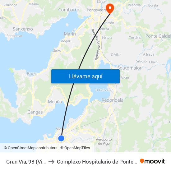 Gran Vía, 98 (Vigo) to Complexo Hospitalario de Pontevedra map