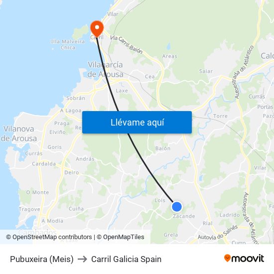 Pubuxeira (Meis) to Carril Galicia Spain map