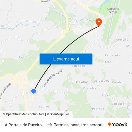 A Portela de Puxeiros (Mos) to Terminal pasajeros aeropuerto Vigo map