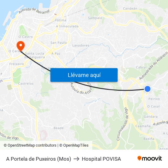 A Portela de Puxeiros (Mos) to Hospital POVISA map