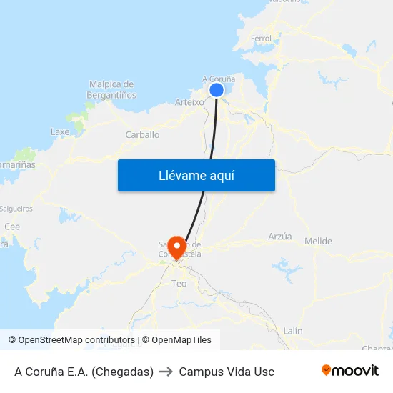 A Coruña E.A. (Chegadas) to Campus Vida Usc map