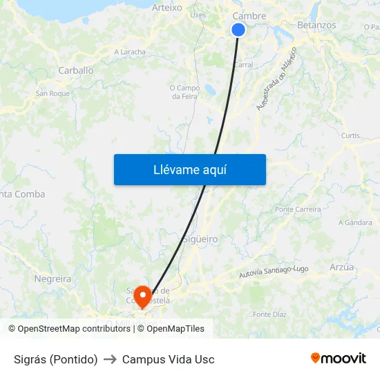 Sigrás (Pontido) to Campus Vida Usc map