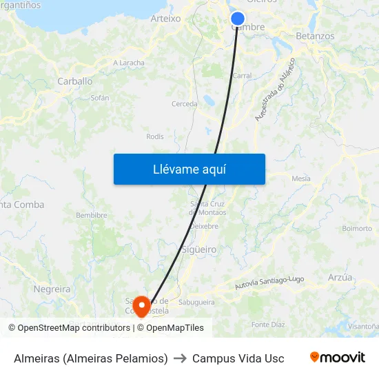 Almeiras (Almeiras Pelamios) to Campus Vida Usc map