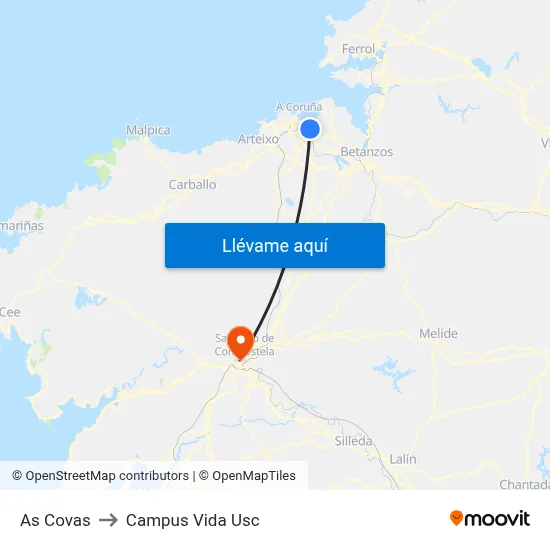 As Covas (Praia Bastiagueiro) to Campus Vida Usc map