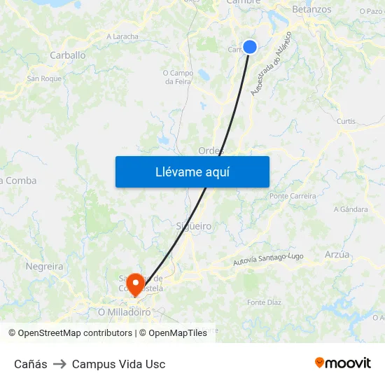 Cañás to Campus Vida Usc map