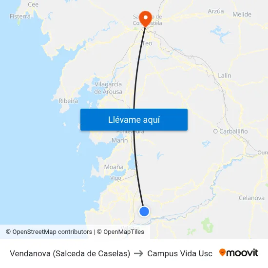 Vendanova (Salceda de Caselas) to Campus Vida Usc map