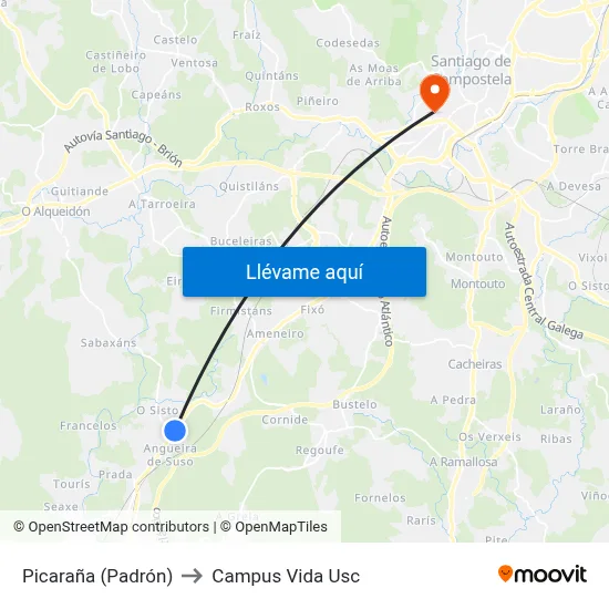 Picaraña (Padrón) to Campus Vida Usc map