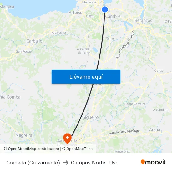 Cordeda (Cruzamento) to Campus Norte - Usc map