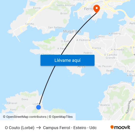 O Couto (Lorbé) to Campus Ferrol - Esteiro - Udc map