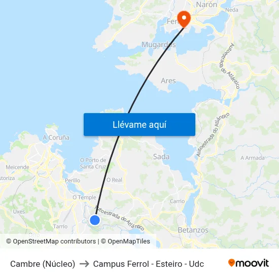 Cambre (Núcleo) to Campus Ferrol - Esteiro - Udc map
