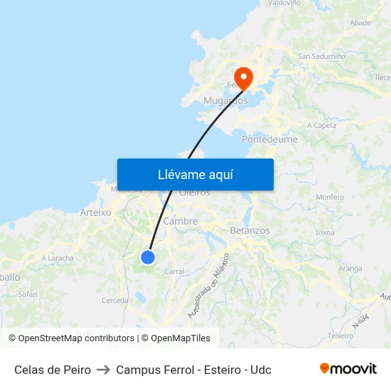 Celas de Peiro to Campus Ferrol - Esteiro - Udc map