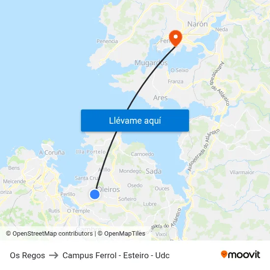 Os Regos to Campus Ferrol - Esteiro - Udc map