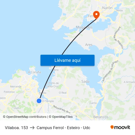 Vilaboa. 153 to Campus Ferrol - Esteiro - Udc map