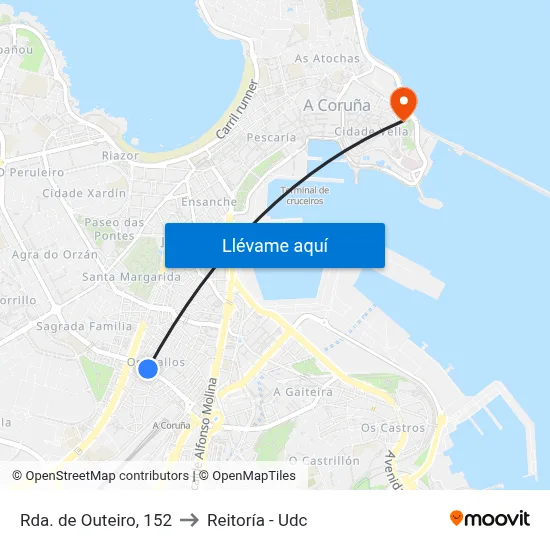 Rda. de Outeiro, 152 to Reitoría - Udc map
