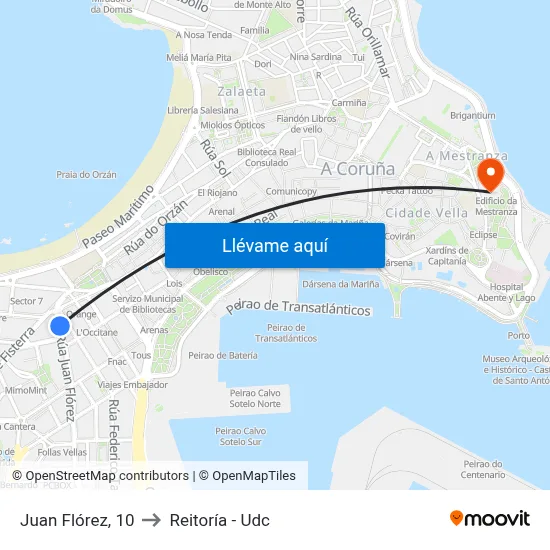 Juan Flórez, 10 to Reitoría - Udc map