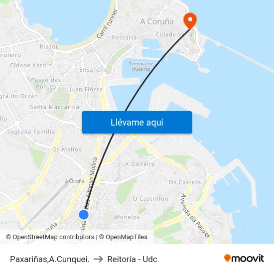 Paxariñas,A.Cunquei. to Reitoría - Udc map