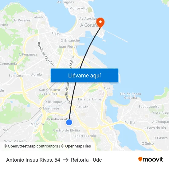 Antonio Insua Rivas, 54 to Reitoría - Udc map