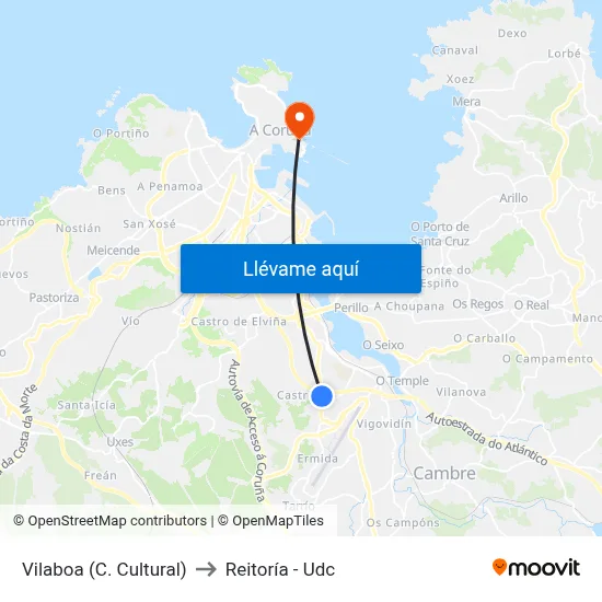 Vilaboa (C. Cultural) to Reitoría - Udc map