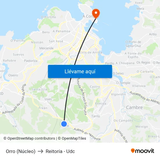 Orro (Núcleo) to Reitoría - Udc map