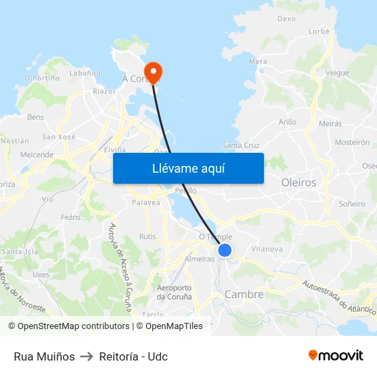 Rua Muiños to Reitoría - Udc map