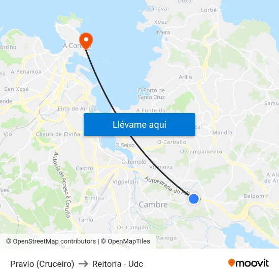 Pravio (Cruceiro) to Reitoría - Udc map