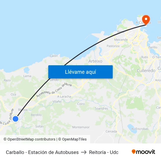 Carballo - Estación de Autobuses to Reitoría - Udc map