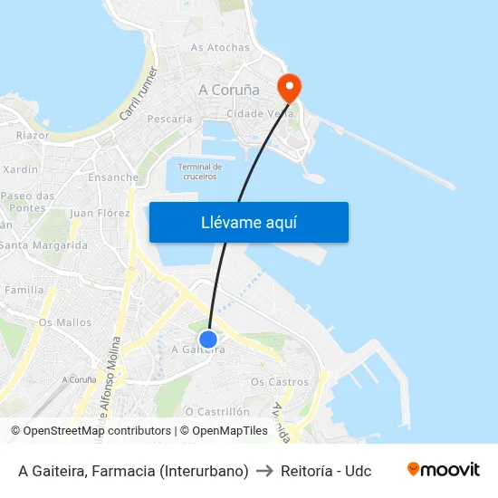 A Gaiteira, Farmacia (Interurbano) to Reitoría - Udc map