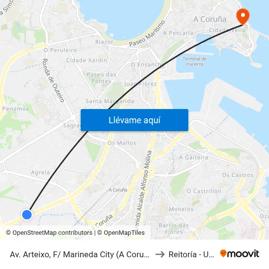 Av. Arteixo, F/ Marineda City (A Coruña) to Reitoría - Udc map