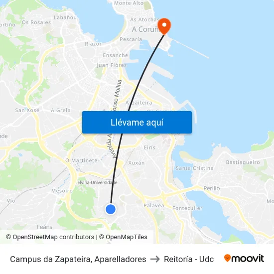Campus da Zapateira, Aparelladores to Reitoría - Udc map