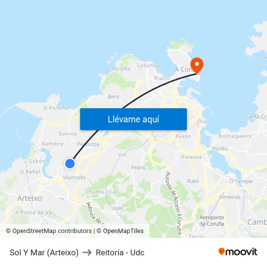 Sol Y Mar (Arteixo) to Reitoría - Udc map