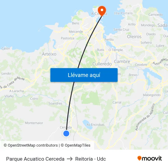 Parque Acuatico Cerceda to Reitoría - Udc map