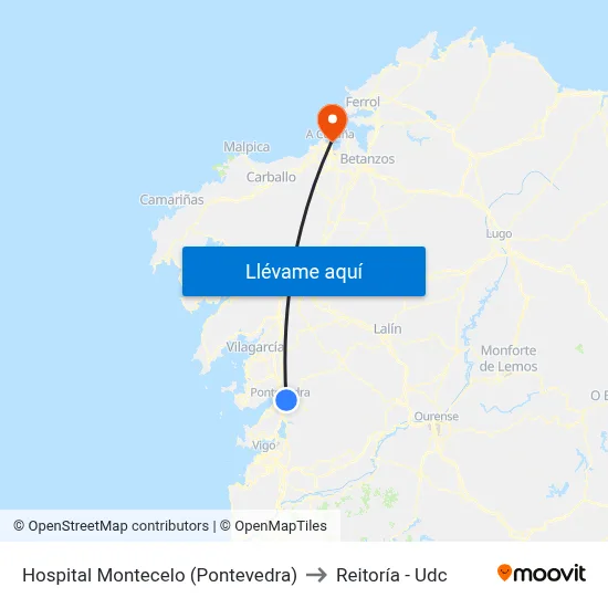 Hospital Montecelo (Pontevedra) to Reitoría - Udc map