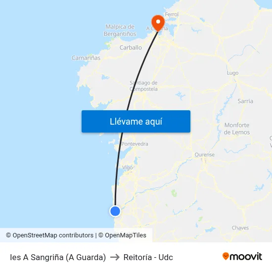 Ies A Sangriña (A Guarda) to Reitoría - Udc map