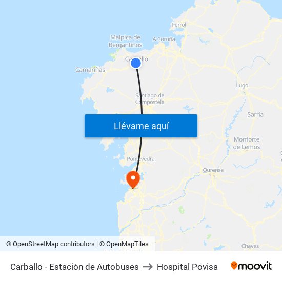 Carballo - Estación de Autobuses to Hospital Povisa map