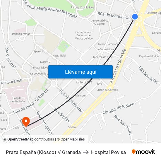 Praza España (Kiosco) // Granada to Hospital Povisa map