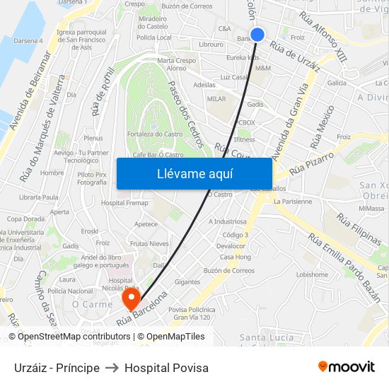 Urzáiz - Príncipe to Hospital Povisa map