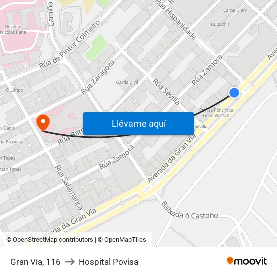 Gran Vía (Vigo) to Hospital Povisa map