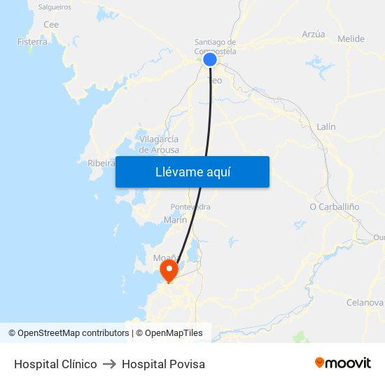 Hospital Clínico to Hospital Povisa map