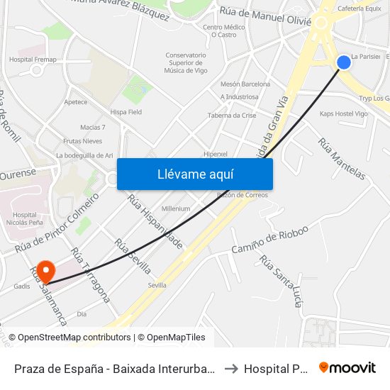 Praza de España - Baixada Interurbanos (Vigo) to Hospital Povisa map