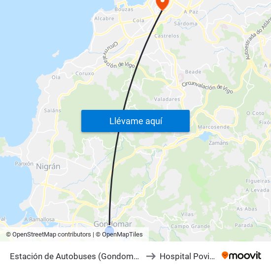 Estación de Autobuses (Gondomar) to Hospital Povisa map