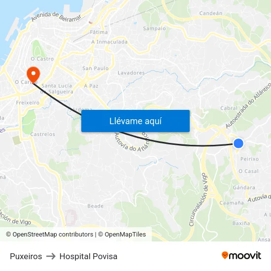Puxeiros to Hospital Povisa map