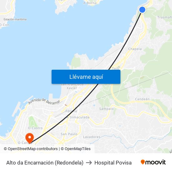 Alto da Encarnación (Redondela) to Hospital Povisa map